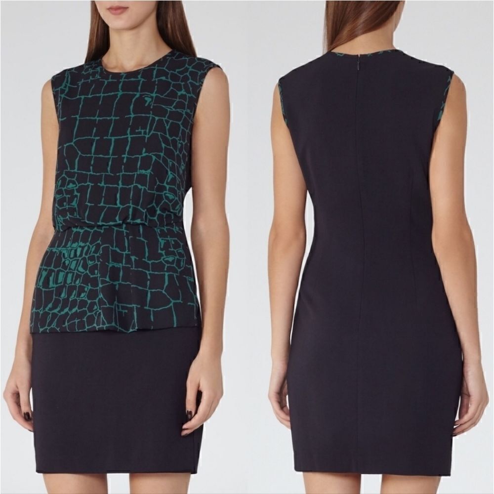 REISS Black Green Animal Print Shift Dress Size 8